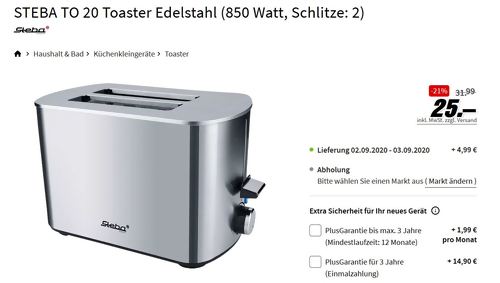 STEBA TO 20 Edelstahl Toaster, 2 Schlitze STEBA TO 20 Edelstahl Toaster, 2 Schlitze