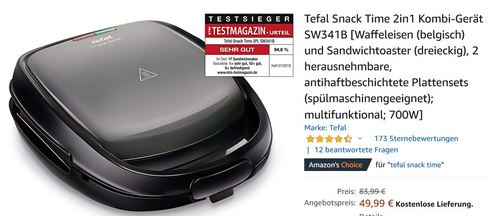 Tefal SW341B Snack Time 2in1 Kombi-Gerät (Waffeleisen und Sandwichtoaster) - jetzt 7% billiger Tefal SW341B Snack Time 2in1 Kombi-Gerät (Waffeleisen und Sandwichtoaster) - jetzt 7% billiger