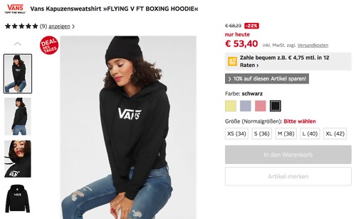 Vans Damen Kapuzensweatshirt "FLYING V FT BOXING HOODIE", versch. Farben und Größen Vans Damen Kapuzensweatshirt "FLYING V FT BOXING HOODIE", versch. Farben und Größen