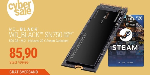 WD_Black SN750 High-Performance NVMe M.2 Gaming-SSD mit 500 GB + 20 Euro Steam-Guthaben WD_Black SN750 High-Performance NVMe M.2 Gaming-SSD mit 500 GB + 20 Euro Steam-Guthaben