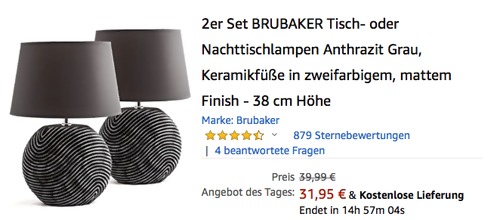 2er Set BRUBAKER 99001 Tisch- oder Nachttischlampen in Anthrazit Grau, 38 cm Höhe - jetzt 20% billiger