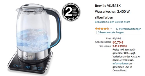 Breville VKJ813X Wasserkocher, 1,7 Liter Glaskrug Breville VKJ813X Wasserkocher, 1,7 Liter Glaskrug
