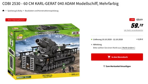 COBI 2530 - 60 CM KARL-GERAT 040 ADAM Modellschiff, 1.500 Teile COBI 2530 - 60 CM KARL-GERAT 040 ADAM Modellschiff, 1.500 Teile