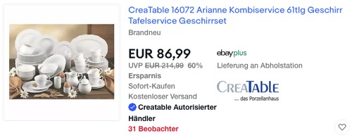 CreaTable 16072 Kombiservice/Tafelservice "Arianne", 61-tlg. CreaTable 16072 Kombiservice/Tafelservice "Arianne", 61-tlg.