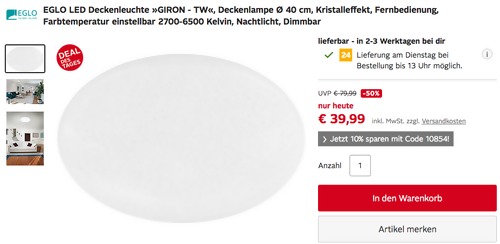EGLO Ø 40 cm LED-Deckenleuchte "GIRON - TW" (Kristalleffekt, Fernbedienung, 2700-6500 Kelvin) EGLO Ø 40 cm LED-Deckenleuchte "GIRON - TW" (Kristalleffekt, Fernbedienung, 2700-6500 Kelvin)