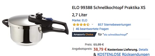 ELO 99388 Schnellkochtopf "Praktika XS", 2,7 Liter - jetzt 9% billiger