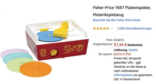Fisher-Price 1697 Plattenspieler, 10 Songs auf 5 Platten Fisher-Price 1697 Plattenspieler, 10 Songs auf 5 Platten