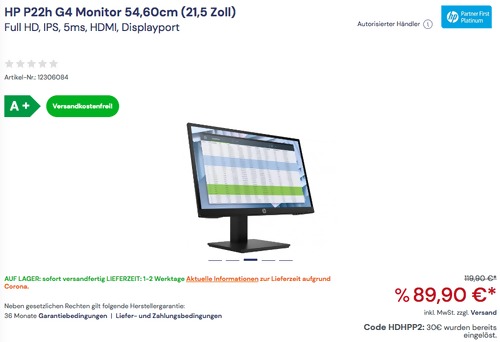 HP P22h G4 54,60cm (21,5 Zoll) Monitor (Full HD, IPS, 5ms, HDMI, Displayport ) HP P22h G4 54,60cm (21,5 Zoll) Monitor (Full HD, IPS, 5ms, HDMI, Displayport )
