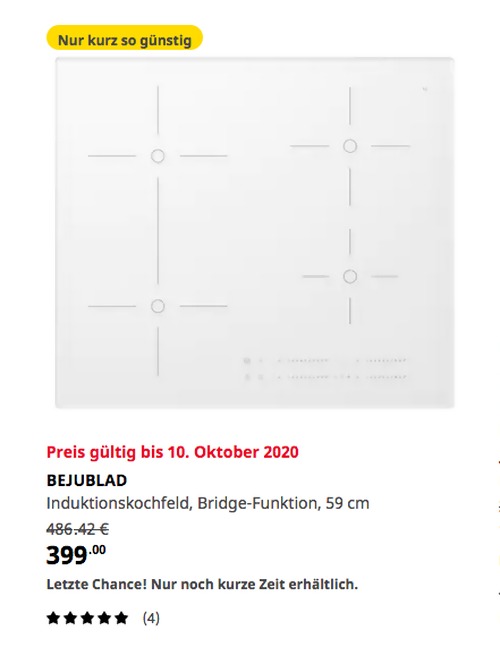 IKEA Würzburg - BEJUBLAD Induktionskochfeld, Bridge-Funktion, weiß, 59 cm - jetzt 18% billiger