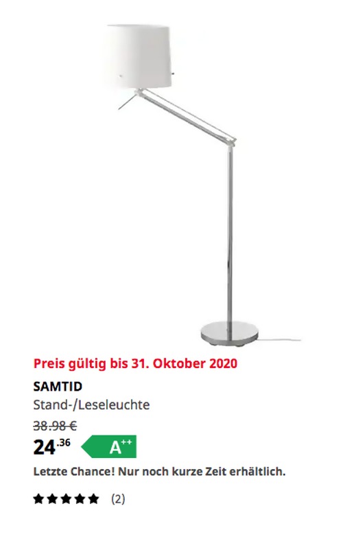 IKEA Wuppertal - SAMTID Stand-/Leseleuchte, vernickelt/weiß, 152 cm Höhe - jetzt 38% billiger
