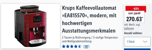Krups EA815570 Kaffeevollautomat, rot (ca. 15 bar, Milchschaumdüse) Krups EA815570 Kaffeevollautomat, rot (ca. 15 bar, Milchschaumdüse)