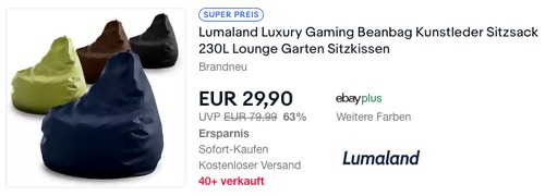 Lumaland Luxury 230 Liter Gaming Beanbag/Sitzsack, versch. Farben - jetzt 36% billiger