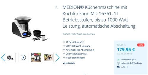 MEDION® MD 16361 Küchenmaschine mit Kochfunktion (11 Betriebsstufen, 2 Liter Nutzinhalt) MEDION® MD 16361 Küchenmaschine mit Kochfunktion (11 Betriebsstufen, 2 Liter Nutzinhalt)