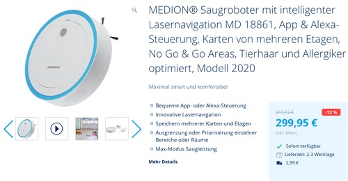 MEDION® MD 18861 Saugroboter mit intelligenter Lasernavigation, weiß/türkis MEDION® MD 18861 Saugroboter mit intelligenter Lasernavigation, weiß/türkis