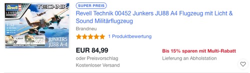 Revell Technik 00452 - Junkers JU88 A-4 Flugzeug 1:32 Modellbausatz Revell Technik 00452 - Junkers JU88 A-4 Flugzeug 1:32 Modellbausatz
