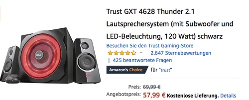 Trust GXT 4628 Thunder 2.1 Lautsprechersystem mit LED-Beleuchtung, 120 Watt Trust GXT 4628 Thunder 2.1 Lautsprechersystem mit LED-Beleuchtung, 120 Watt