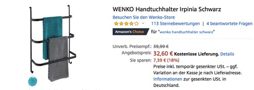 WENKO Handtuchhalter "Irpinia", schwarz (54,5 x 77,5 x 21,5 cm) WENKO Handtuchhalter "Irpinia", schwarz (54,5 x 77,5 x 21,5 cm)