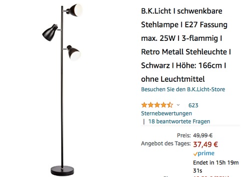 B.K.Licht BKL1195 schwenkbare 3-flammige Stehlampe, schwarz-weiß (E27 Fassung, max. 25W, 1665mm hoch) - jetzt 17% billiger