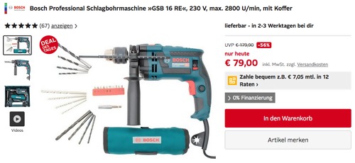Bosch Professional Schlagbohrmaschine "GSB 16 RE" mit Koffer und Aufsätzen (750 Watt, max. 2800 U/min) Bosch Professional Schlagbohrmaschine "GSB 16 RE" mit Koffer und Aufsätzen (750 Watt, max. 2800 U/min)