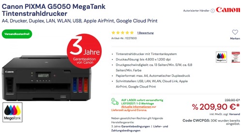 Canon PIXMA G5050 MegaTank Tintenstrahldrucker (A4, LAN, WLAN, USB, nachfüllbar) Canon PIXMA G5050 MegaTank Tintenstrahldrucker (A4, LAN, WLAN, USB, nachfüllbar)