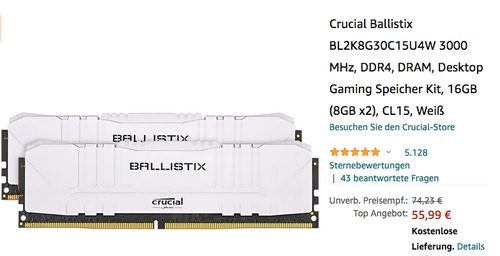Crucial Ballistix BL2K8G30C15U4W 3000 MHz DDR4 16GB (8GB x2) Speicher Kit, weiß Crucial Ballistix BL2K8G30C15U4W 3000 MHz DDR4 16GB (8GB x2) Speicher Kit, weiß