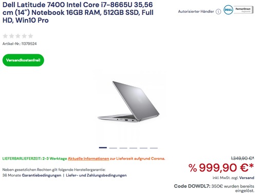 Dell Latitude 7400 Intel Core i7-8665U 35,56 cm (14") Notebook (16GB RAM, 512GB SSD, Full HD, Win10 Pro) Dell Latitude 7400 Intel Core i7-8665U 35,56 cm (14") Notebook (16GB RAM, 512GB SSD, Full HD, Win10 Pro)