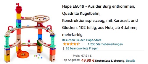 Hape E6019 - Aus der Burg entkommen - Quadrilla Kugelbahn, 102 teilig Hape E6019 - Aus der Burg entkommen - Quadrilla Kugelbahn, 102 teilig