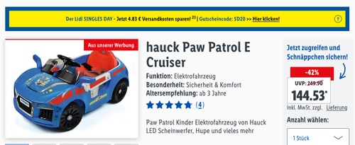 hauck Paw Patrol E-Cruiser Elektroauto, 2,3 km/h hauck Paw Patrol E-Cruiser Elektroauto, 2,3 km/h
