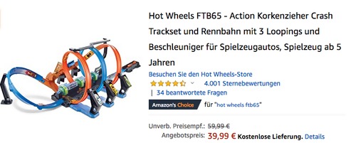 Hot Wheels FTB65 - Action Korkenzieher Crash Trackset Hot Wheels FTB65 - Action Korkenzieher Crash Trackset