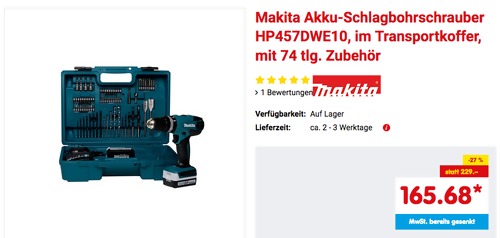 Makita Akku-Schlagbohrschrauber HP457DWE10 im Transportkoffer, mit 74 tlg. Zubehör Makita Akku-Schlagbohrschrauber HP457DWE10 im Transportkoffer, mit 74 tlg. Zubehör