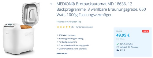 MEDION® Brotbackautomat MD 18636, 1000g Fassungsvermögen MEDION® Brotbackautomat MD 18636, 1000g Fassungsvermögen