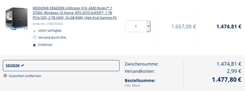 MEDION® ERAZER® Infiltrator X10 (MD34748) High-End Gaming PC (AMD Ryzen 7 3700X, RTX 2070 SUPER, 1 TB PCIe SSD, 2 TB HDD, 16 GB RAM) MEDION® ERAZER® Infiltrator X10 (MD34748) High-End Gaming PC (AMD Ryzen 7 3700X, RTX 2070 SUPER, 1 TB PCIe SSD, 2 TB HDD, 16 GB RAM)