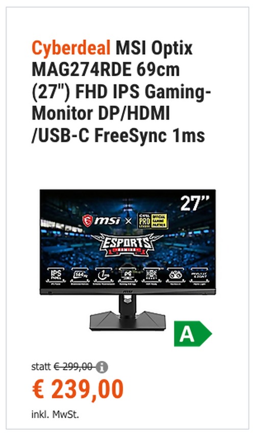 MSI Optix MAG274RDE 69cm (27") FHD IPS Gaming-Monitor (DP/HDMI/USB-C, FreeSync, 1ms) MSI Optix MAG274RDE 69cm (27") FHD IPS Gaming-Monitor (DP/HDMI/USB-C, FreeSync, 1ms)