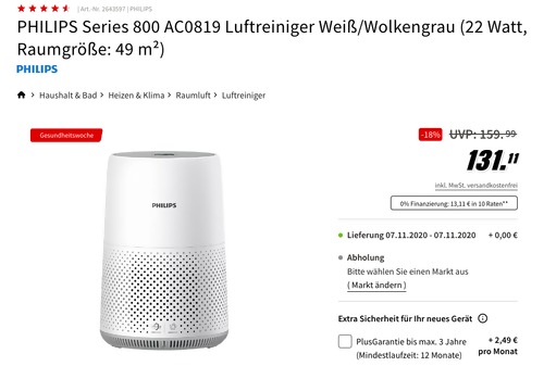 PHILIPS Series 800 AC0819 Luftreiniger, Weiß/Wolkengrau (Raumgröße: 49 m²) - jetzt 8% billiger