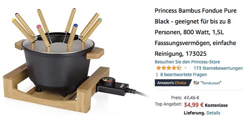 Princess 173025 Bambus Fondue Pure Black, 1,5L Princess 173025 Bambus Fondue Pure Black, 1,5L