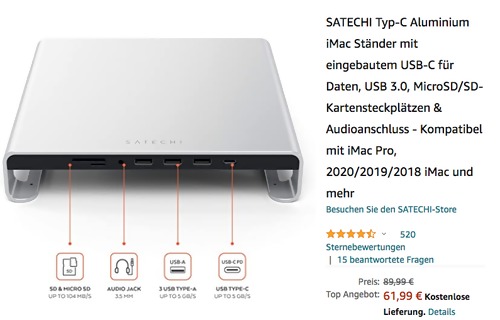 SATECHI ST-AMSHS Typ-C Aluminium Monitorständer, silber (USB 3.0, MicroSD/SD, Audioanschluss) SATECHI ST-AMSHS Typ-C Aluminium Monitorständer, silber (USB 3.0, MicroSD/SD, Audioanschluss)