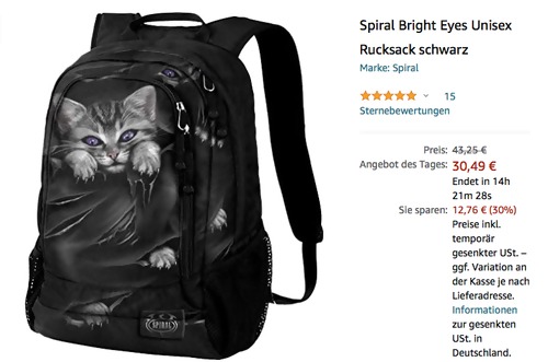 Spiral Bright Eyes Unisex Rucksack, schwarz (Katzenprint) Spiral Bright Eyes Unisex Rucksack, schwarz (Katzenprint)