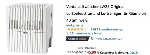Venta Luftwäscher LW25 - Luftbefeuchter und Luftreiniger für Räume bis 40 qm, weiß/grau Venta Luftwäscher LW25 - Luftbefeuchter und Luftreiniger für Räume bis 40 qm, weiß/grau