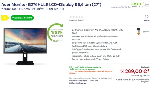 Acer B276HULE 68,6 cm (27") Monitor (2.560x1.440, 16:9, HDMI, DP, USB ) Acer B276HULE 68,6 cm (27") Monitor (2.560x1.440, 16:9, HDMI, DP, USB )