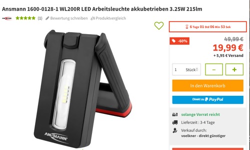 Ansmann 1600-0128-1 WL200R LED Akku-Arbeitsleuchte (3.25W, 215lm) Ansmann 1600-0128-1 WL200R LED Akku-Arbeitsleuchte (3.25W, 215lm)