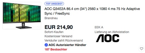 AOC Q34E2A 86.4 cm (34") PC-Monitor (21:9, 2560 x 1080, 4 ms, 75 Hz, FreeSync) AOC Q34E2A 86.4 cm (34") PC-Monitor (21:9, 2560 x 1080, 4 ms, 75 Hz, FreeSync)
