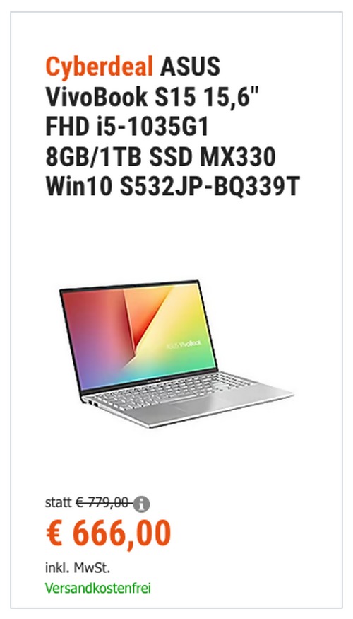 Asus S532JP-BQ339T VivoBook S15 15,6" Notebook (Full-HD, i5-1035G1, 8GB/1TB SSD, MX330, Win10) Asus S532JP-BQ339T VivoBook S15 15,6" Notebook (Full-HD, i5-1035G1, 8GB/1TB SSD, MX330, Win10)