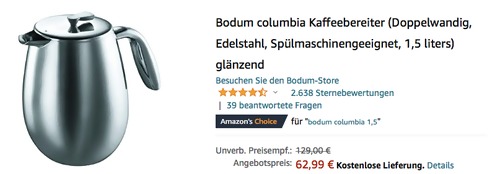 BODUM Columbia 1,5 l Kaffeebereiter Edelstahl glänzend BODUM Columbia 1,5 l Kaffeebereiter Edelstahl glänzend