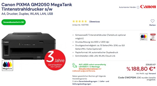 Canon PIXMA GM2050 MegaTank Tintenstrahldrucker S/W (A4, Duplex, WLAN, LAN, USB) Canon PIXMA GM2050 MegaTank Tintenstrahldrucker S/W (A4, Duplex, WLAN, LAN, USB)