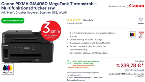 Canon PIXMA GM4050 MegaTank Tintenstrahl-Multifunktionsdrucker S/W (A4, 3-in-1, Drucker, Kopierer, Scanner, USB, WLAN) Canon PIXMA GM4050 MegaTank Tintenstrahl-Multifunktionsdrucker S/W (A4, 3-in-1, Drucker, Kopierer, Scanner, USB, WLAN)