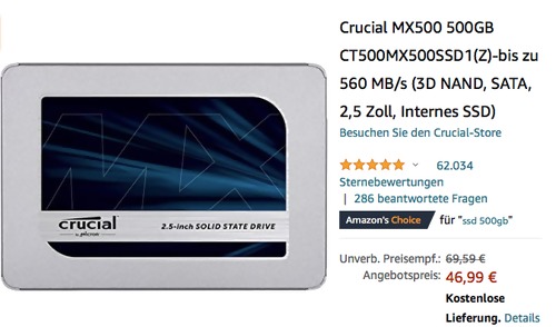 Crucial MX500 500GB interne SSD-Festplatte (3D NAND, SATA, 2,5 Zoll) Crucial MX500 500GB interne SSD-Festplatte (3D NAND, SATA, 2,5 Zoll)