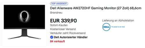 Dell Alienware AW2720HF (27 Zoll) 68,6cm Gaming Monitor, schwarz/weiß (Fast IPS, Full HD, 240 Hz, 1 ms) - jetzt 18% billiger Dell Alienware AW2720HF (27 Zoll) 68,6cm Gaming Monitor, schwarz/weiß (Fast IPS, Full HD, 240 Hz, 1 ms) - jetzt 18% billiger