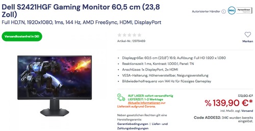 Dell S2421HGF 60,5 cm (23,8 Zoll) Gaming Monitor (1920x1080, 1ms, 144 Hz, AMD FreeSync, HDMI, DisplayPort) Dell S2421HGF 60,5 cm (23,8 Zoll) Gaming Monitor (1920x1080, 1ms, 144 Hz, AMD FreeSync, HDMI, DisplayPort)