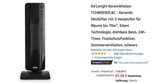 De'Longhi Keramik-Heizlüfter TCH8993ER.BC, 2400 Watt - jetzt 14% billiger