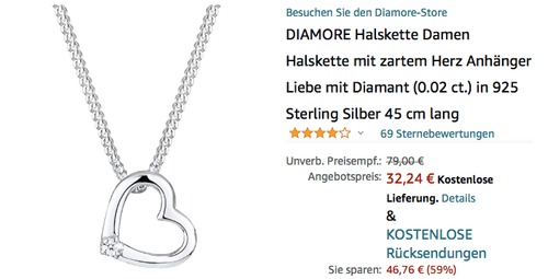 DIAMORE 0105480213 Damen Halskette mit zartem Herz Anhänger (Diamant (0.02 ct.), 925 Sterling Silber, 45 cm lang) DIAMORE 0105480213 Damen Halskette mit zartem Herz Anhänger (Diamant (0.02 ct.), 925 Sterling Silber, 45 cm lang)